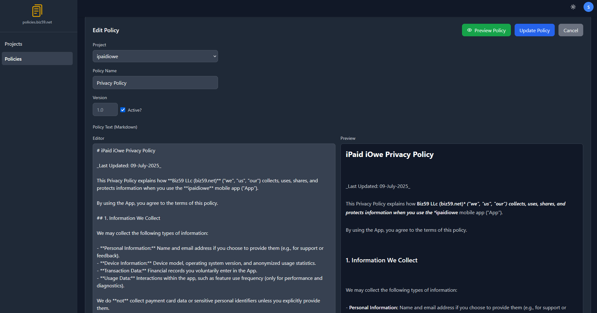 Policies Manager Screenshot